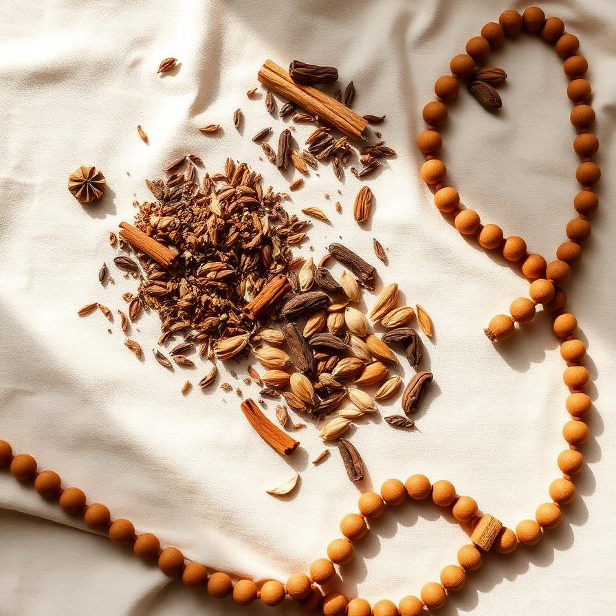Ayurvedische kruiden en mala-kralen op linnen